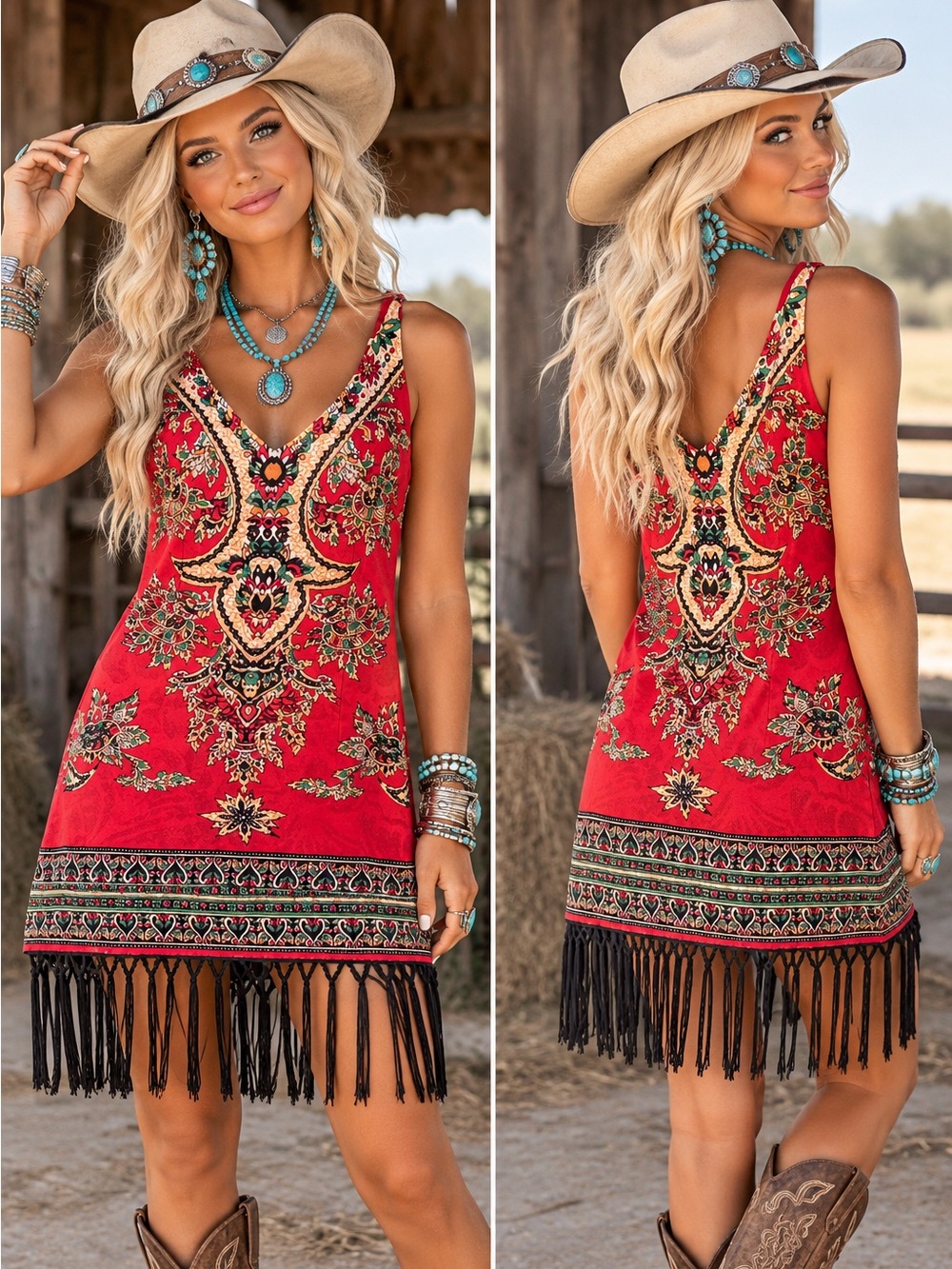 Vintage 80s Linda Segal Boho Western Fringe Silk-Feel Dress